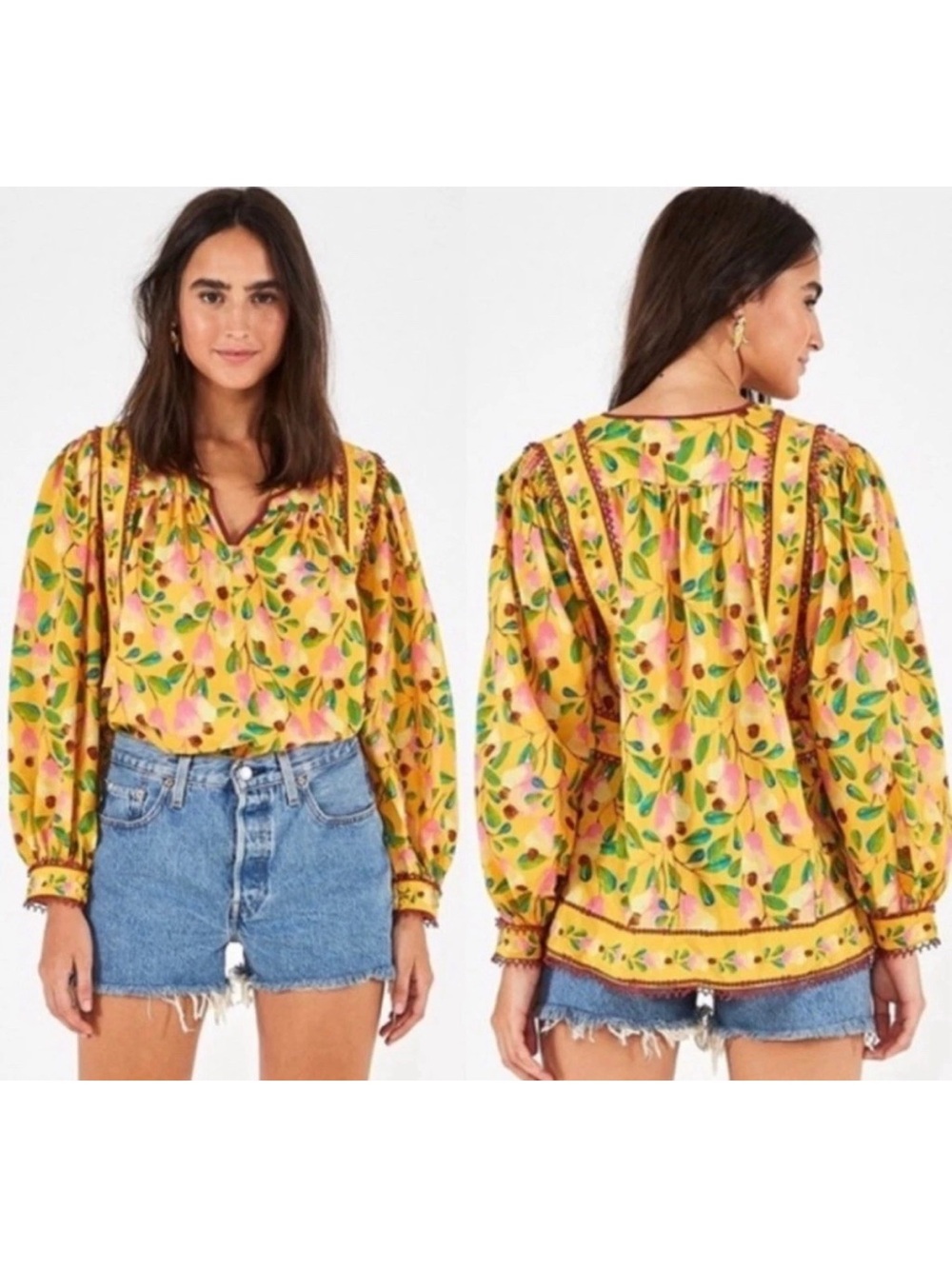 Farm Rio Yellow Pear Print Blouse Top Size S Long Sleeve Boho Smocked Cotton*#19